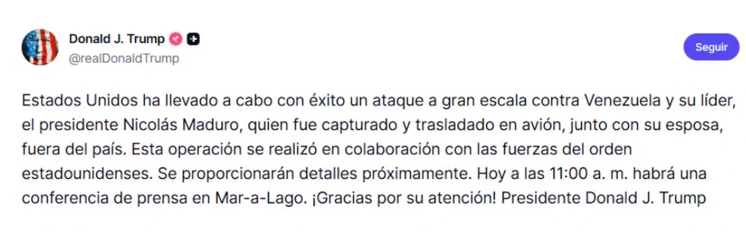 De esta forma el presidente Donald Trump anunciaba la supuesta captura de Nicolás Maduro